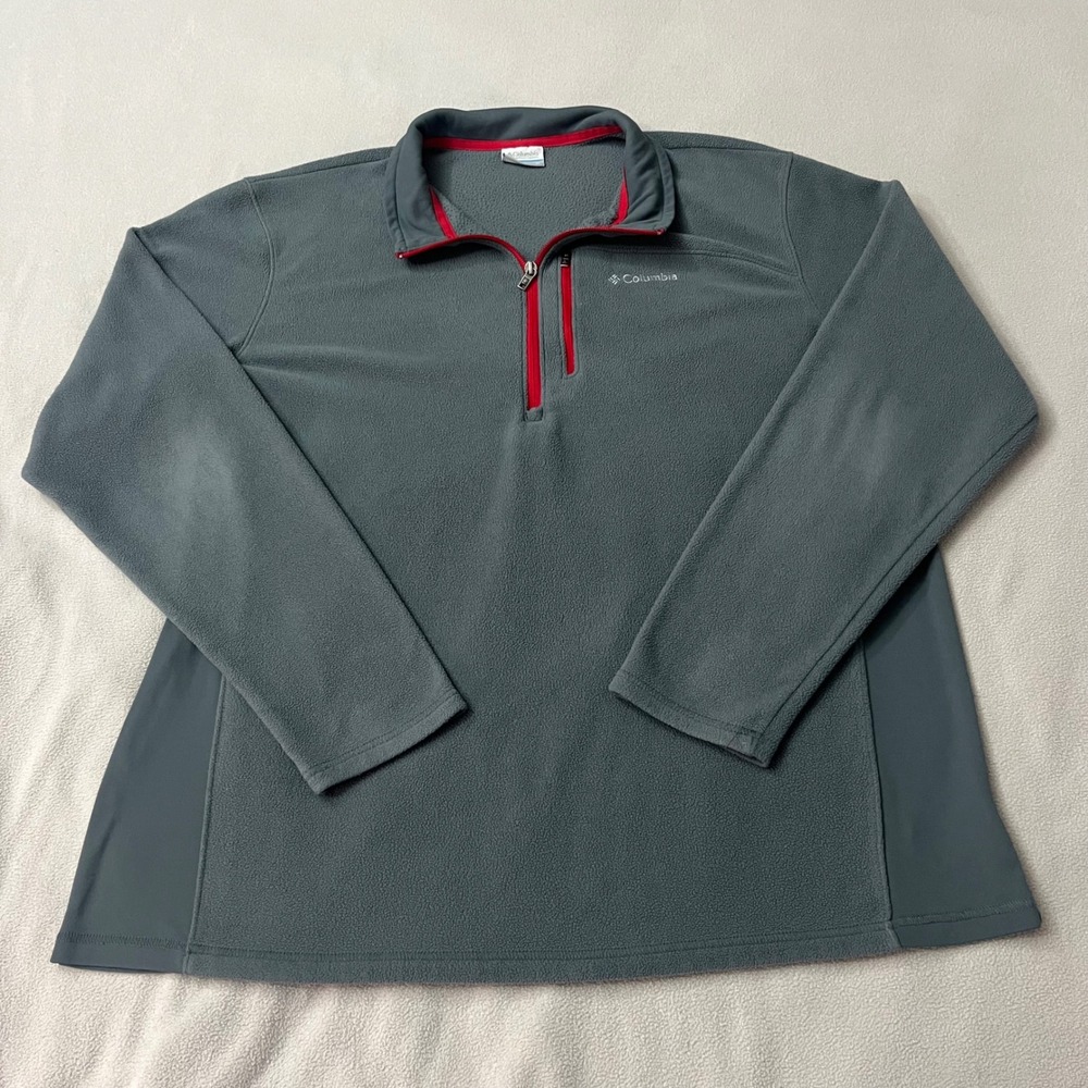 Columbia Mens XL Fleece Quarter Zip Pullover Gray Red Trim Hiking Sweater